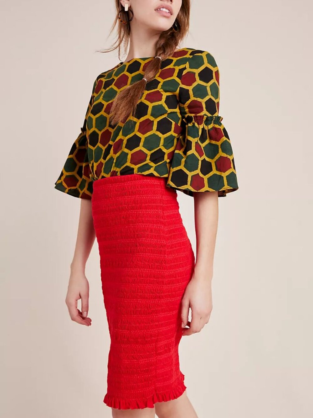 Anthropologie Maeve | Smocked Red Pencil Skirt Midi, Ruffled Hem Pull on size XL